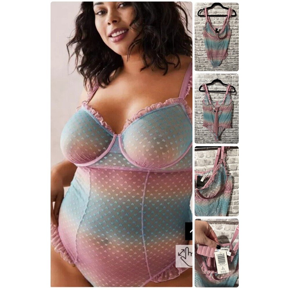 Torrid Curve Seaside Gradient Heart Mesh Ruffle Bodysuit Pink Blue 2X 18-20